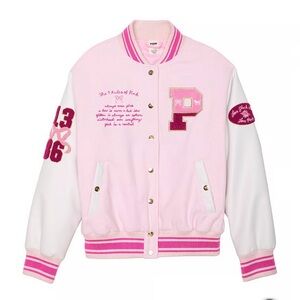 LoveShackFancy Pink Varsity Jacket with White Sleeves